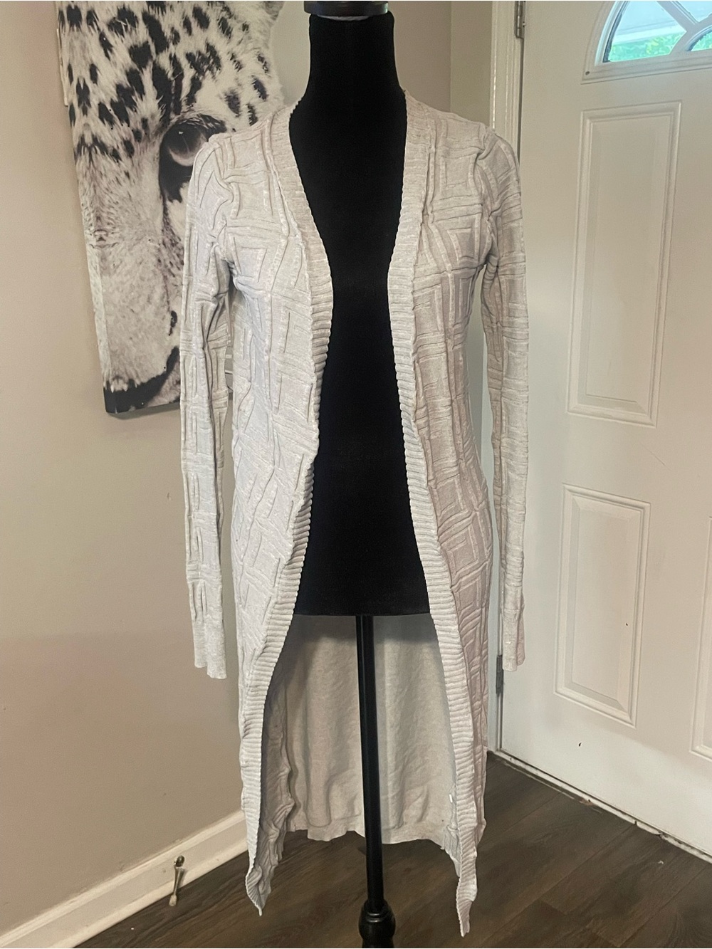 Daisy Light Gray Open-Front Longline duster Cardigan patchwork knit small